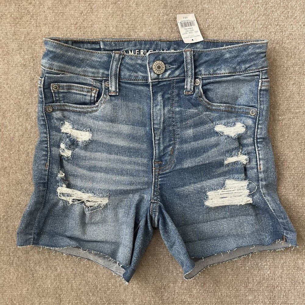 American Eagle Shorts Womens 2 Hi Rise Shortie Distressed Jean Cut Off Denim NEW
